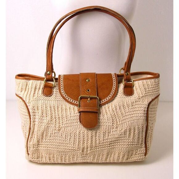 LRG BONFANTI NATURAL KNIT COTTON BROWN GENUINE LEATHER SHOULDER BAG HANDBAG HOBO - Picture 6 of 12